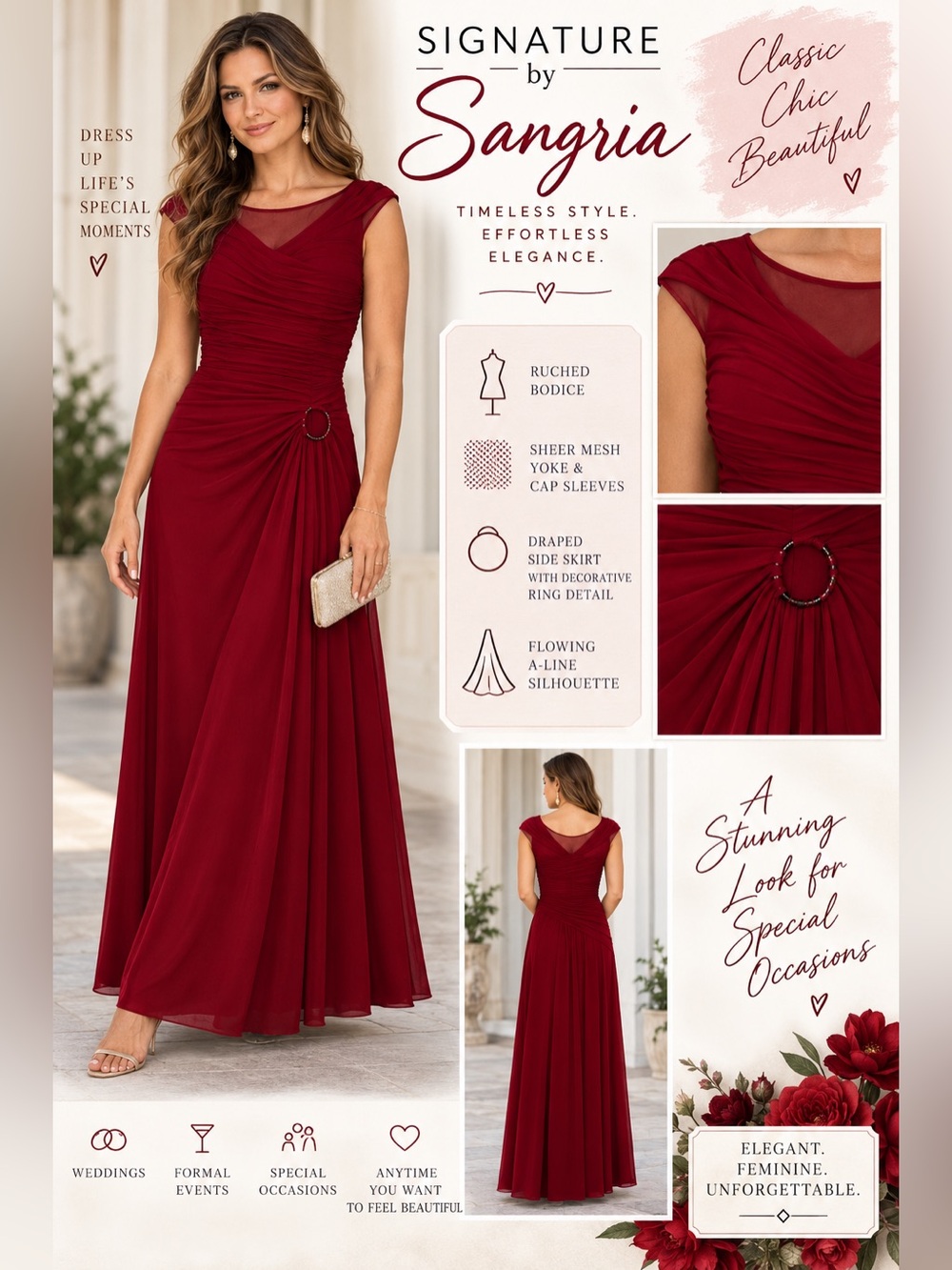 Signature by Sangria Deep Red Ruched Maxi Dress with Sheer Yoke